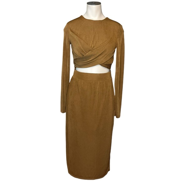 HOUSE OF HARLOW 1960 sz X Small Skirt Set Midi Skirt Crop Long Sleeve Top Bronze - Picture 1 of 9